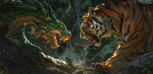 1. A dramatic screenshot depicting a fierce battle between a dragon and a tiger, showcasing their contrasting powers and agility. 2. An intense scene featuring a dragon and a tiger engaged in combat, highlighting the clash of mythical and natural strength. 3. A captivating screenshot of a dragon confronting a tiger, illustrating the epic struggle between these two formidable creatures.